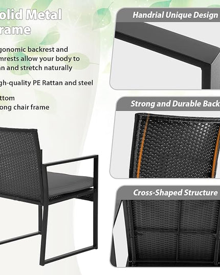 FDW 3 Piece Patio Furniture Sets Wicker Patio Chairs Rattan Outdoor Bistro Set Outdoor Furniture for Backyard Porch Poolside Lawn,Grey Cushion - LeafyLoom