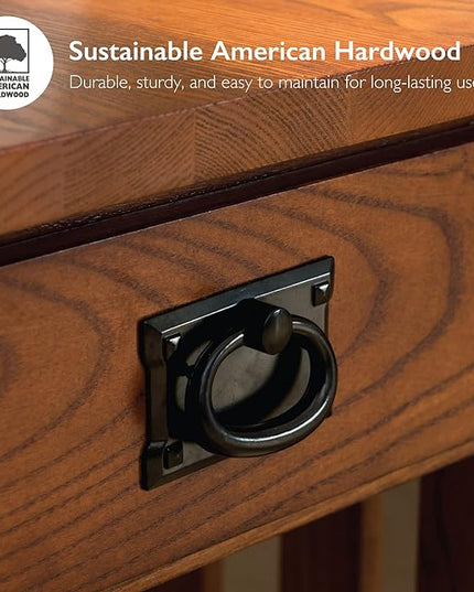 Leick Home 82287 Corner Stand with Bookcase Ends TV's, 50-inch, Mission Oak & ture Mission Drawer End Table, Solid ash and oak veneers, 22 in x 25 in x 23 in, Russet - LeafyLoom