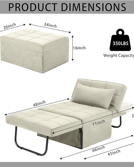 Sofa Bed, 4 in 1 Multi-Function Folding Ottoman Breathable Linen Couch Bed with Adjustable Backrest Modern Convertible Chair for Living Room Apartment Office, White - LeafyLoom