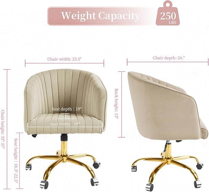 Home Office Desk Chair, Swivel Velvet Office Chair with Arms, Modern Computer Desk Chairs with Wheels, Comfy Wide Armchair for Living Room, Bedroom, Study, Vanity Room, Tan - LeafyLoom