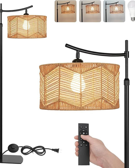 Arc Boho Farmhouse Black Floor Lamp, Standing Lamp with Rattan & Fabric Double Shade with Remote Control, Dimmable LED Bulb with 8 Color Temperature, Tall Pole for Living Room Bedroom Corner Office - LeafyLoom
