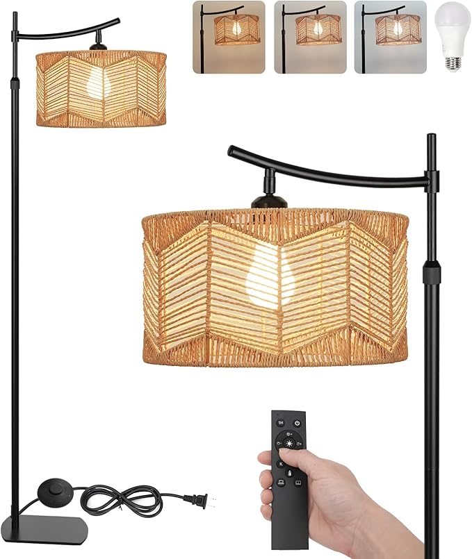 Arc Boho Farmhouse Black Floor Lamp, Standing Lamp with Rattan & Fabric Double Shade with Remote Control, Dimmable LED Bulb with 8 Color Temperature, Tall Pole for Living Room Bedroom Corner Office - LeafyLoom