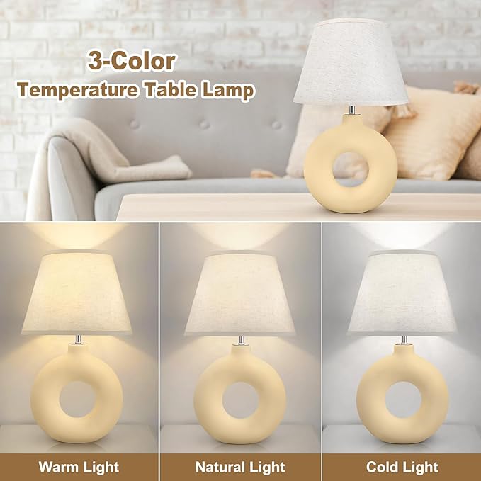 Yellow Table Lamp for Living Room Bedroom, 21" Modern Boho Ceramic Bedside Lamps for Kids Room 3 Color Temperature Small Lamps for Night Stands, Dorm, Dining Room, Home Décor (Bulb Included) - LeafyLoom