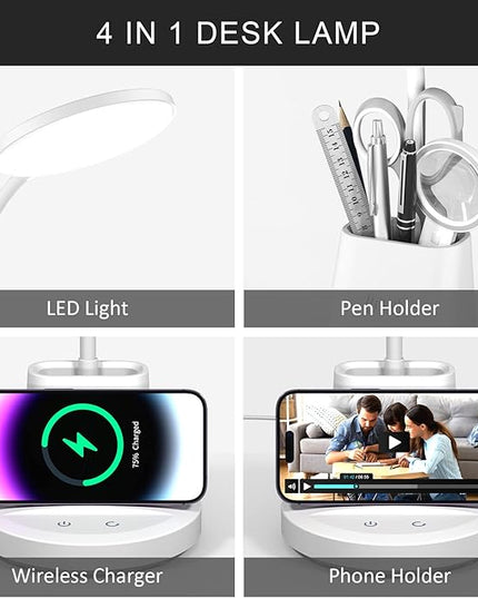Desk Lamp for Home Office, LED Desk Lamp with Wireless Charger Pen Phone Holder, Dimmable Desk Light 3 Color Modes, College Dorm Study Lamp for College Dorm, CRI 90 800 Lumen - LeafyLoom
