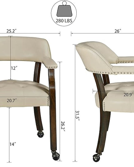 Large Dining Chairs with Casters and Arms, Rolling Dining Chairs with Wheels, Solid Wood Office Desk Chairs, 26“Dx25.2 Wx31.5“H, Espresso Legs & Beige PU, XXY-1910-BG - LeafyLoom