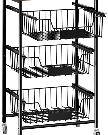 4-Tier Small Kitchen Storage Cart on Wheels, Metal Fruit Basket Stand with Pull-Out Baskets & Wood Top for Potato Onion Produce Snack Veggies - LeafyLoom