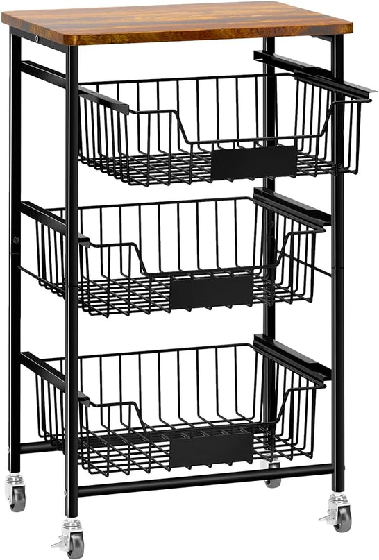 4-Tier Small Kitchen Storage Cart on Wheels, Metal Fruit Basket Stand with Pull-Out Baskets & Wood Top for Potato Onion Produce Snack Veggies - LeafyLoom