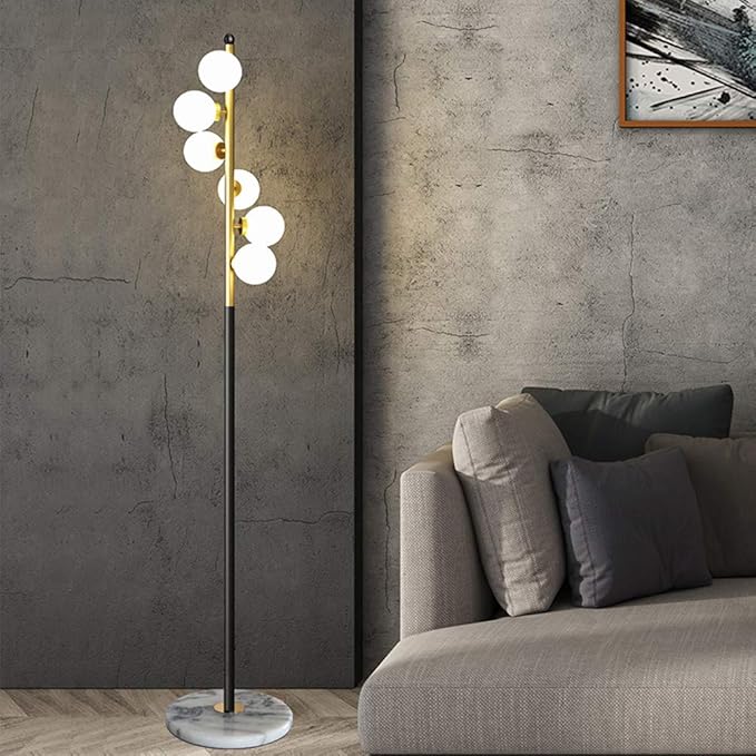 Hsyile Lighting KU300205 White Glass Shade and Marble Base Elegant Modern Creative Floor Lamp for Living Room,Bedroom,Office,6 Lights - LeafyLoom