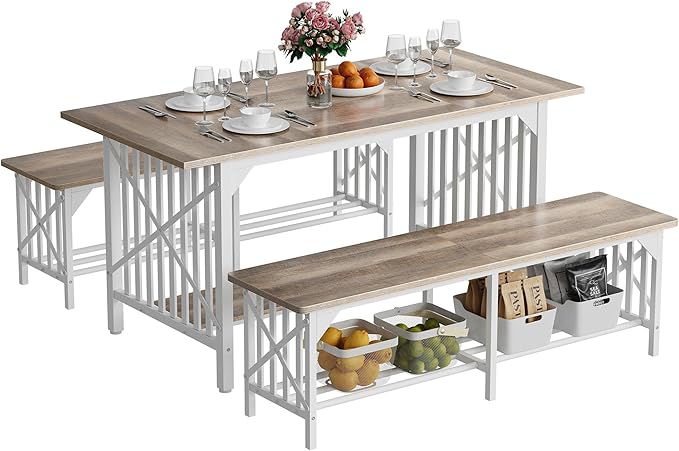 DWVO 3-Piece Dining Table Set for 4-6 People, 63" Dining Room Table with 2 Benches, Industrial Rectangular Dining Room Table Set with Storage for Kitchen, Dining Room, Washed Grey - LeafyLoom