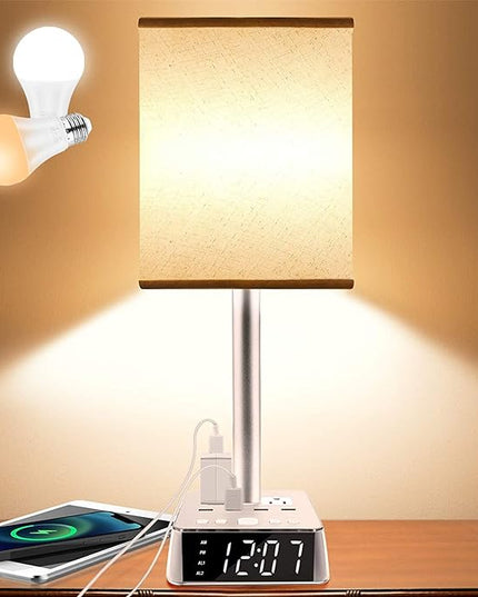 Table Lamp Bedside Lamp with 4 USB Ports and AC Power Outlets, Alarm Clock Base w/ 5Ft Extension Cord, Square Oatmeal Fabric Lampshade Modern Accent Nightstand Lamps for Bedrooms Living Room - LeafyLoom