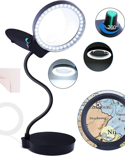 Magnifying Glass with Light and Stand, 10X 20X Magnifying Desk Lamp with Brightness Stepless Dimmable, Adjustable Gooseneck for Reading, Close Work, Hobbies - LeafyLoom