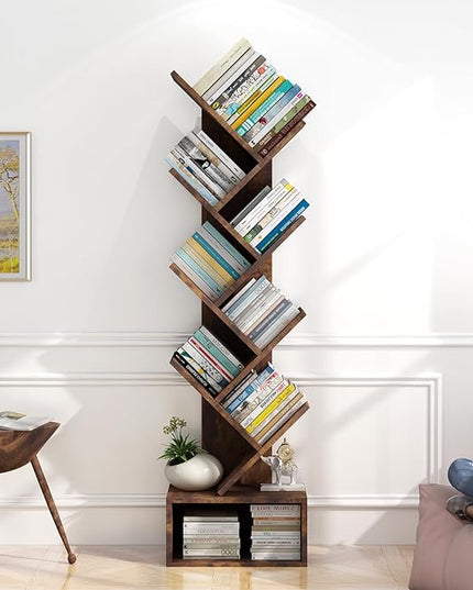 Tree Bookshelf with Storage, 8 Tier Wooden Tall Book Shelf, Floor Standing Bookcase for Kids and Adults, Utility Organizer Shelves for Living Room, Bedroom, Home Office, Brown - LeafyLoom