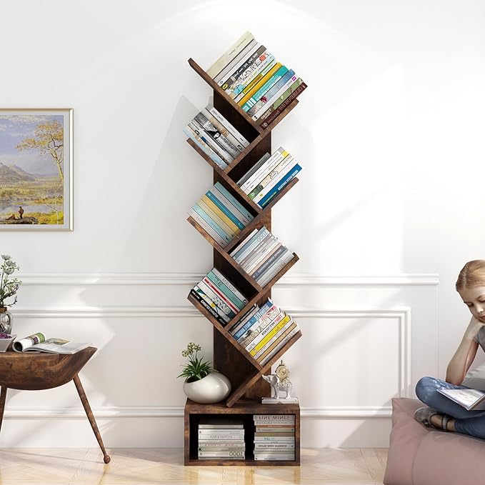 Tree Bookshelf with Storage, 8 Tier Wooden Tall Book Shelf, Floor Standing Bookcase for Kids and Adults, Utility Organizer Shelves for Living Room, Bedroom, Home Office, Brown - LeafyLoom