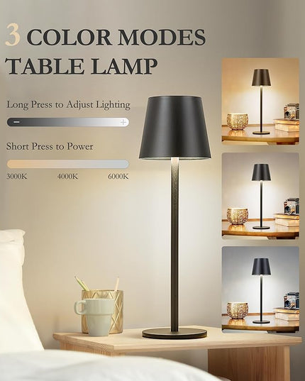 Cordless Table Lamp, 5200mAh IP54 Waterproof Rechargeable Battery Desk Lamp, 3 Color Stepless Dimming Up, Battery Operated Lamp for Kitchen/Bedside/Outdoor/Restaurant/Camping (Black) - LeafyLoom