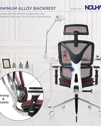 Nouhaus Ergonomic Office Chair Lumbar Support Aluminum Alloy Backrest, Big and Tall Mesh Computer Desk Chair with Adjustable Headrest, 4D Armrest and Premium Wheels(ErgoPRO,Burgundy) - LeafyLoom