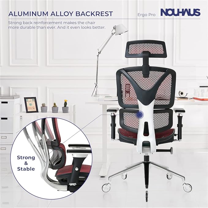 Nouhaus Ergonomic Office Chair Lumbar Support Aluminum Alloy Backrest, Big and Tall Mesh Computer Desk Chair with Adjustable Headrest, 4D Armrest and Premium Wheels(ErgoPRO,Burgundy) - LeafyLoom