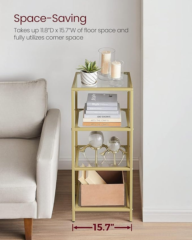 VASAGLE Bookcase, 4-Tier Bookshelf, Slim Shelving Unit for Bedroom, Bathroom, Home Office, Tempered Glass, Steel Frame, Metallic Gold ULGT28G - LeafyLoom