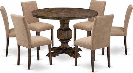 East West Furniture I3AB7-747 Irving 7 Piece Modern Dining Set Consist of a Round Wooden Table with Pedestal and 6 Light Sable Linen Fabric Parson Chairs, 48x48 Inch - LeafyLoom