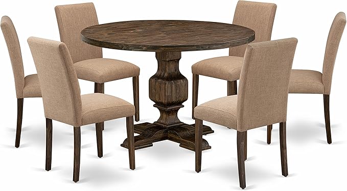 East West Furniture I3AB7-747 Irving 7 Piece Modern Dining Set Consist of a Round Wooden Table with Pedestal and 6 Light Sable Linen Fabric Parson Chairs, 48x48 Inch - LeafyLoom