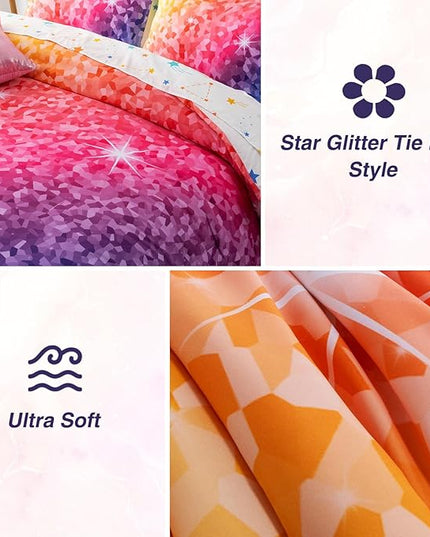 A Nice Night 6Pcs Gradient Abstract Art Grid Mosaic Geometric Bedding Set for Girls, Colorful Rainbow Galaxy Comforter Set, Ultra Soft Bedding Sets (PinkYellow,Twin 6Pcs) - LeafyLoom
