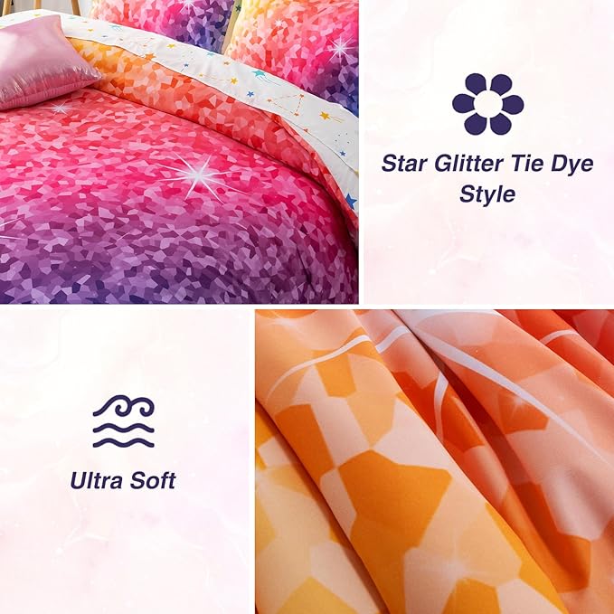 A Nice Night 6Pcs Gradient Abstract Art Grid Mosaic Geometric Bedding Set for Girls, Colorful Rainbow Galaxy Comforter Set, Ultra Soft Bedding Sets (PinkYellow,Full 6Pcs) - LeafyLoom