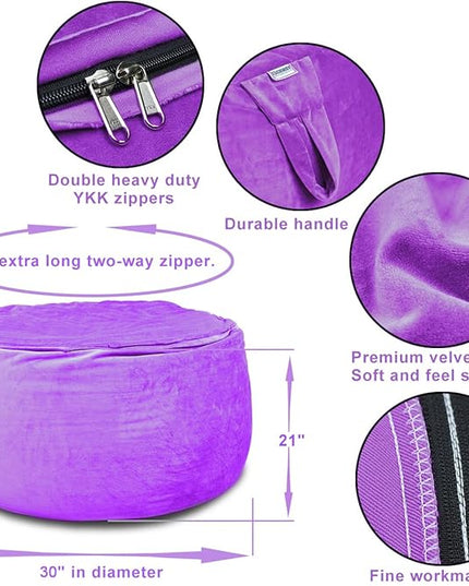Bean Bag Chair Cover, Stuffed Animal Storage, Plush Toys Organizer Holder, Beanbag Chairs Cover for Kids Teans and Adults Super Soft and Comfortable Fabric X-Large with Handle and Zipper -Round Purple - LeafyLoom