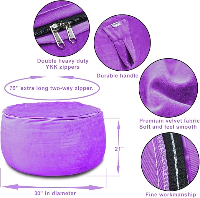 Bean Bag Chair Cover, Stuffed Animal Storage, Plush Toys Organizer Holder, Beanbag Chairs Cover for Kids Teans and Adults Super Soft and Comfortable Fabric X-Large with Handle and Zipper -Round Purple - LeafyLoom