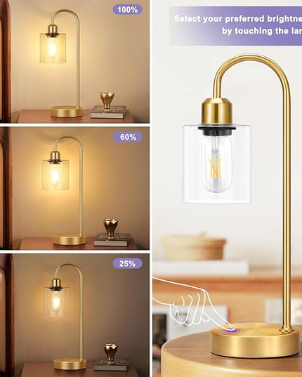Innqoo Gold Industrial Touch Table Lamps for Bedrooms Set of 2-3-Way Dimmable Nightstand Lamps with USB C+A Ports and Outlet, Gold Bedside Lamps with Glass Shade, Desk Lamps for Home Office - LeafyLoom