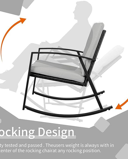 Shintenchi Outdoor 3 Piece Rocking Bistro Set, Wicker Patio Outdoor Furniture Porch Chairs Conversation Sets with Glass-Top Coffee Table for Backyard Porch Poolside Lawn, Garden,Gray - LeafyLoom