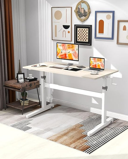 Manual Standing Desk Adjustable Height- Crank Mobile Standing Desk 48 x 24 Inches Sit Stand Desk Frame & Top, Stand Up Desk on Wheels, Computer Desk White Frame & Maple - LeafyLoom