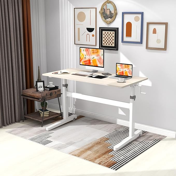Manual Standing Desk Adjustable Height- Crank Mobile Standing Desk 48 x 24 Inches Sit Stand Desk Frame & Top, Stand Up Desk on Wheels, Computer Desk White Frame & Maple - LeafyLoom