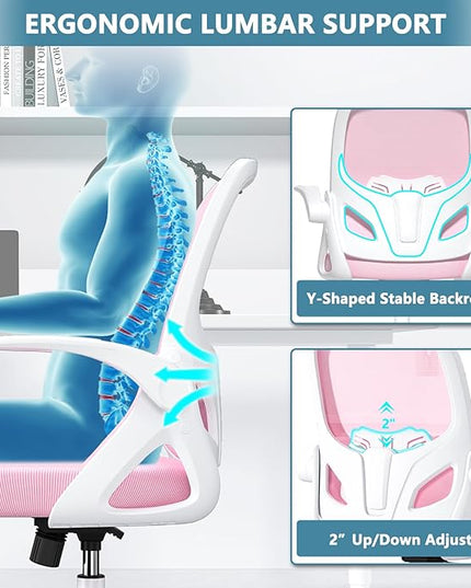 Office Desk Chair with Lumbar Support Ergonomic Mesh Office Chair with Wheels and Flip-up Armrests Adjustable Height Swivel Computer Chair for Home and Office (Pink) - LeafyLoom