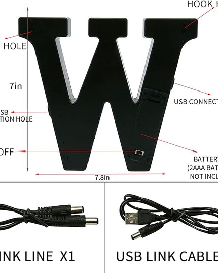 LED Marquee Letter Lights-DIY Marquee Lights up Letter Signs, Dual DC Interface Upgrade Multi-Letter Connection, 26 Alphabet Signs for Wedding, Birthday, Party， Bar Decoration (W) - LeafyLoom