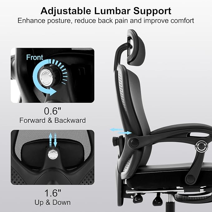 Office Chair Ergonomic Desk Chair, Reclining PU Cushion Mesh Computer Chair with Adjustable Lumbar Support, Headrest and Footrest, High Back Home Office Desk Chair, 360° Swivel Executive Task Chair - LeafyLoom
