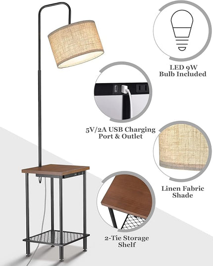 ELYONA Industrial Table Floor Lamp, Solid Wood End Table lamp with USB Type-C Charging Port & Power Outlet, Side Table Shelf Tall Pole Standing Light for Living Room,Bedroom,LED Bulb Included, Brown - LeafyLoom
