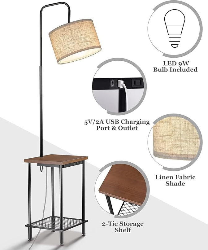 ELYONA Industrial Table Floor Lamp, Solid Wood End Table lamp with USB Type-C Charging Port & Power Outlet, Side Table Shelf Tall Pole Standing Light for Living Room,Bedroom,LED Bulb Included, Brown - LeafyLoom