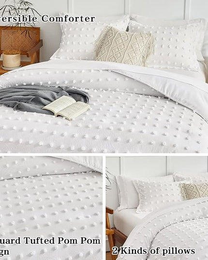 7 Pieces Tufted Dots Bed in a Bag Queen Comforter Set with Sheets White , Soft and Embroidery Shabby Chic Boho Comforters, Solid Color with Pom Pom Design, Jacquard Tufts Bedding Set for All Season - LeafyLoom