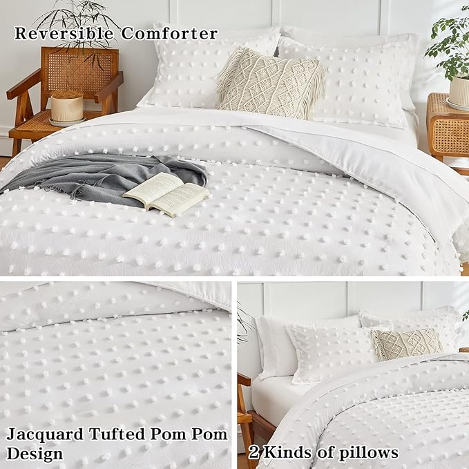 7 Pieces Tufted Dots Bed in a Bag Queen Comforter Set with Sheets White , Soft and Embroidery Shabby Chic Boho Comforters, Solid Color with Pom Pom Design, Jacquard Tufts Bedding Set for All Season - LeafyLoom
