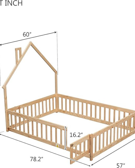 Bellemave Full Size House-Shaped Headboard Floor Bed for Kids, Montessori Floor Bed with Fence and Door,House Bed Twin Frame for Girls,Boys (Natural) - LeafyLoom