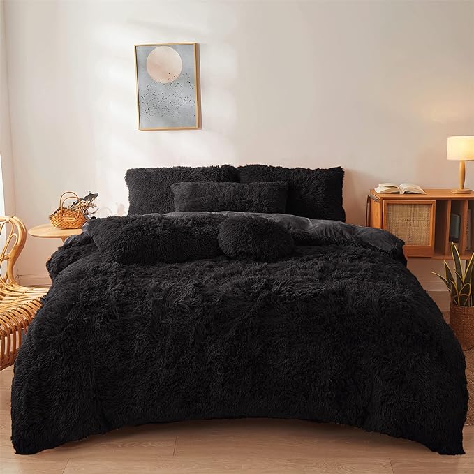 Fluffy black comforters Cover twin size - Ultra Soft Plush black bedding Sets 2 Pieces (1 faux fur comforter Cover + 1 fuzzy pillow case) girls shaggy black twin bed set (Black, Twin) - LeafyLoom
