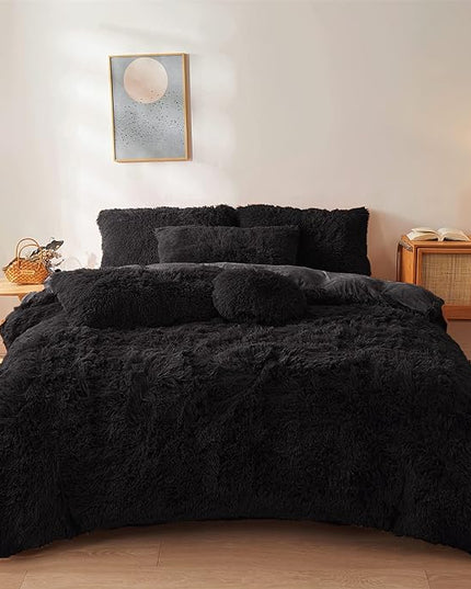 FOPPA Black fluffy Comforter Cover Set king- Ultra Soft fluffy Black Bedding Sets 3 Pieces (1 Duvet Cover + 2 Pillow case) pink fluffy bed set (Black, King) - LeafyLoom