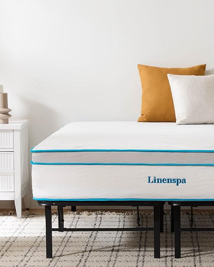 Linenspa 12” Memory Foam and Innerspring Hybrid Mattress + 14” Black Metal Platform Bedframe – Full Mattress + Metal Folding Full Bedframe - LeafyLoom