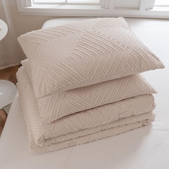 Beige King Size Comforter Set, Boho Tufted Design Bedding Comforter Sets 3 Pieces, Lightweight and Fluffy for All Seasons (1 Comforter, 2 Pillowcases) - LeafyLoom