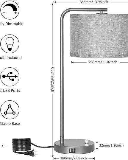 Gray Bedside Lamp with Dual USB Charging Ports, Fully Dimmable Modern Nightstand Lamp with Grey Fabric Shade, Tall Reading Lamp Desk Lamp for Bedroom Living Room Office with 3000K LED Bulb - LeafyLoom