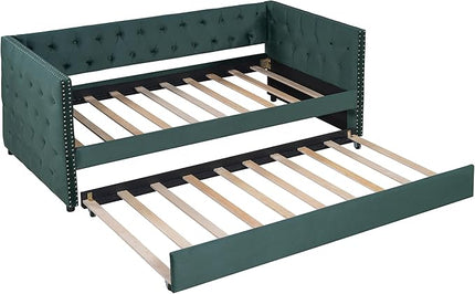 Twin Size Tufted Upholstered Daybed with Trundle, Solid Wood Velvet Bed with Rivet Design, No Box-spring Needed, for Living Room, Bedroom, Dorm, Space-Saving Design - LeafyLoom