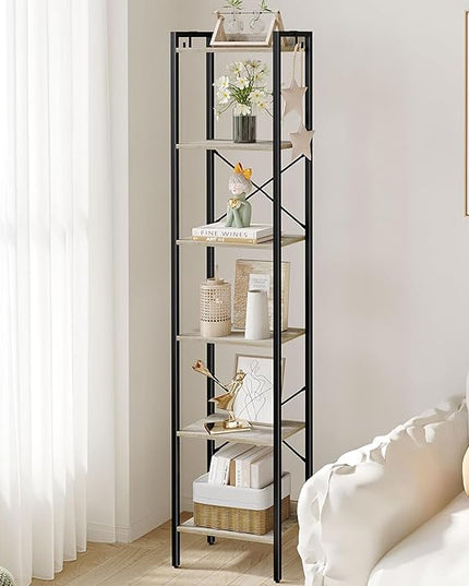 Bookshelf, Book Shelf, Industrial Bookcase with 2 Hooks, Coner Shelf Storage Organizer for Home Office, Living Room, Bedroom, Kitchen, 6-Tier Greige BC10705B - LeafyLoom