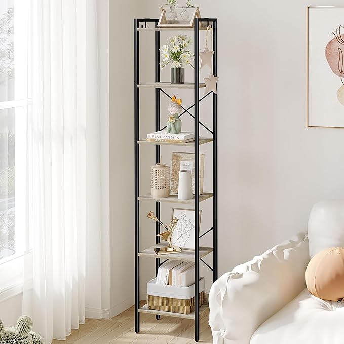Bookshelf, Book Shelf, Industrial Bookcase with 2 Hooks, Coner Shelf Storage Organizer for Home Office, Living Room, Bedroom, Kitchen, 6-Tier Greige BC10705B - LeafyLoom