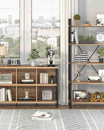 FATORRI 6 Cube Storage Organizer with Shelf, Long Wood and Metal Cubby Bookcase, Industrial Horizontal Bookshelf (Rustic Oak, 47 Inch) - LeafyLoom