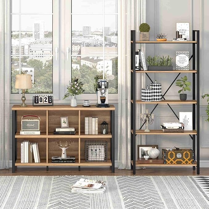 FATORRI 6 Cube Storage Organizer with Shelf, Long Wood and Metal Cubby Bookcase, Industrial Horizontal Bookshelf (Rustic Oak, 47 Inch) - LeafyLoom
