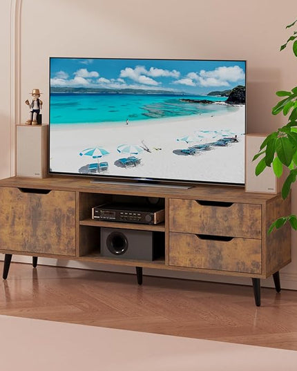 Maxtown TV Stands for Living Room, TV Console Table for 55 Inch TV, Entertainment Center with 1 Cabinet, 2 drawers, Media Console with Metal Feet for Bedroom, Living Room, Rustic Brown - LeafyLoom